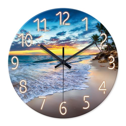 24 Inch Glass Large Wall Clocks for Living Room Decor Palm Tree Battery Wall Clock Modern Coastal Blue Wall Clock Silent