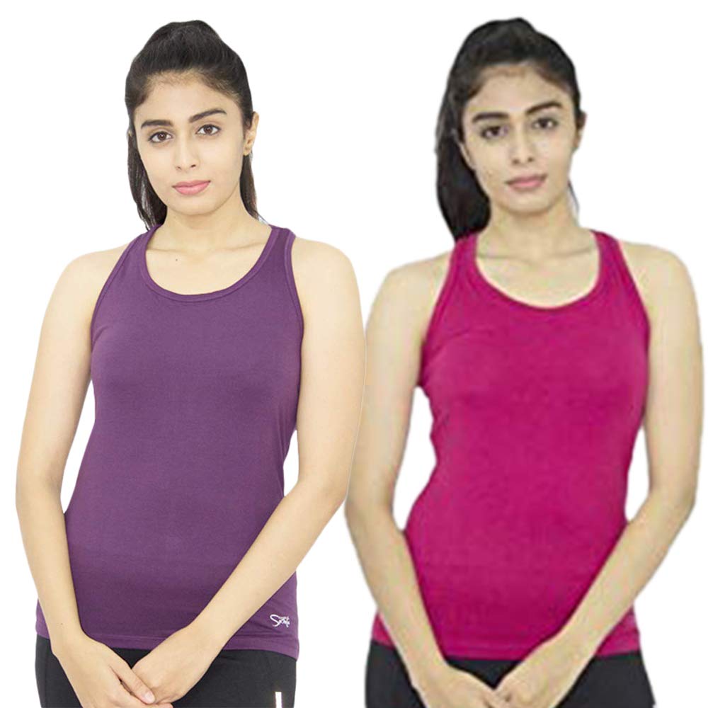Lovable Women Girls Pc Lycra Solid Pack of 2 Stretchable Tank top in Pink & Purple Color-Racer Back Stretch - FU/PU