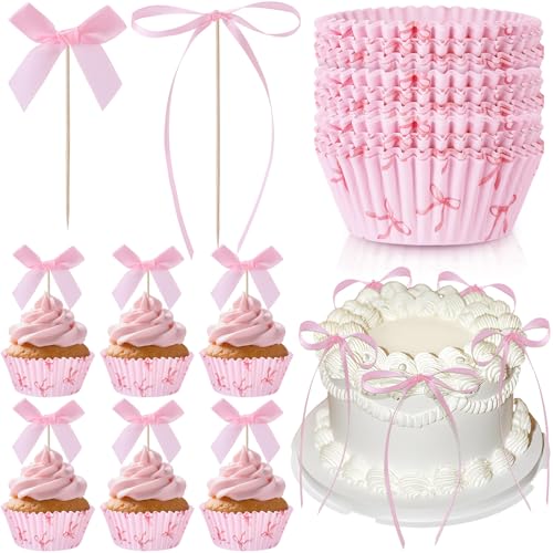 81 Pcs Pink Bow Cupcake Liners Set 50 Pink Bow Cupcake Liners and 31 Bowknot Ribbons Cake Toppers Coquette Birthday Cake Decorations for Bachelorette Bridal Baby Shower Birthday Wedding Party Supplies