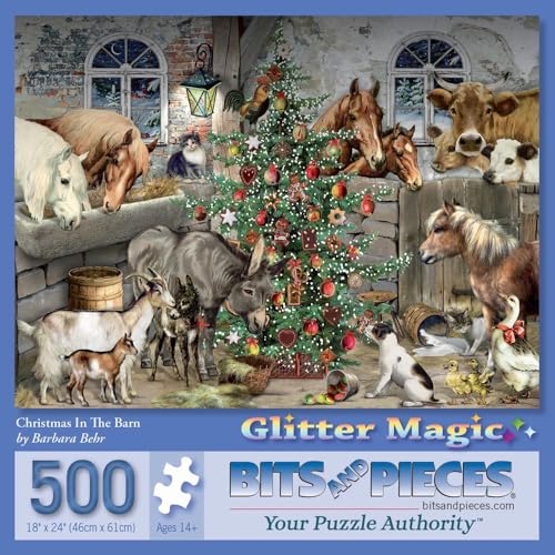 Bits and Pieces – 500 Piece Jigsaw Puzzle for Adults – Christmas in The Barn - Glitter Animal Holiday Winter Tree Horse Cow Jigsaw Puzzle by Artist Barbara Behr, Completed Puzzle Size: 18' x 24'