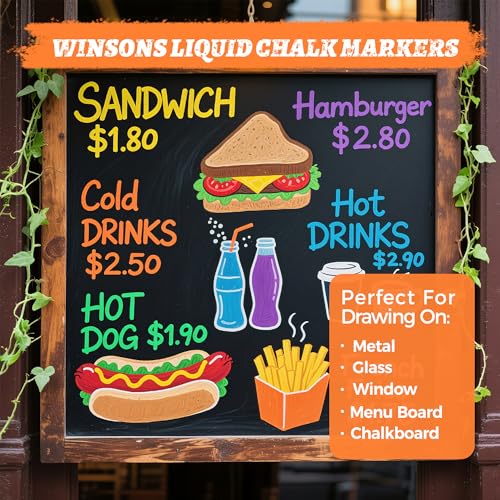WINSONS 16 Farben Kreidestifte für Tafel Abwaschbar, Fensterstifte Abwischbar, Chalk Marker für Glas, Fenster, Tafel, Whiteboard, Wandtafel, 6mm