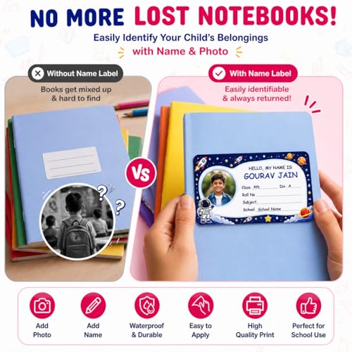 Image of Personalized School Name Labels for Kids with Photo | Waterproof Custom Sticker Set for NoteBooks | Self Adhesive Vinyl with Child Name, Class, Division | 3.5 x 2 Inches | 30 PCS (BDS-1)