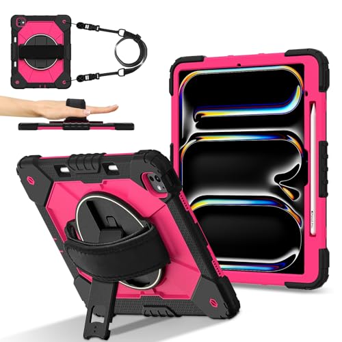 Coque iPad Pro 13 2024 antichoc en silicone noir rose avec support et bandoulière
