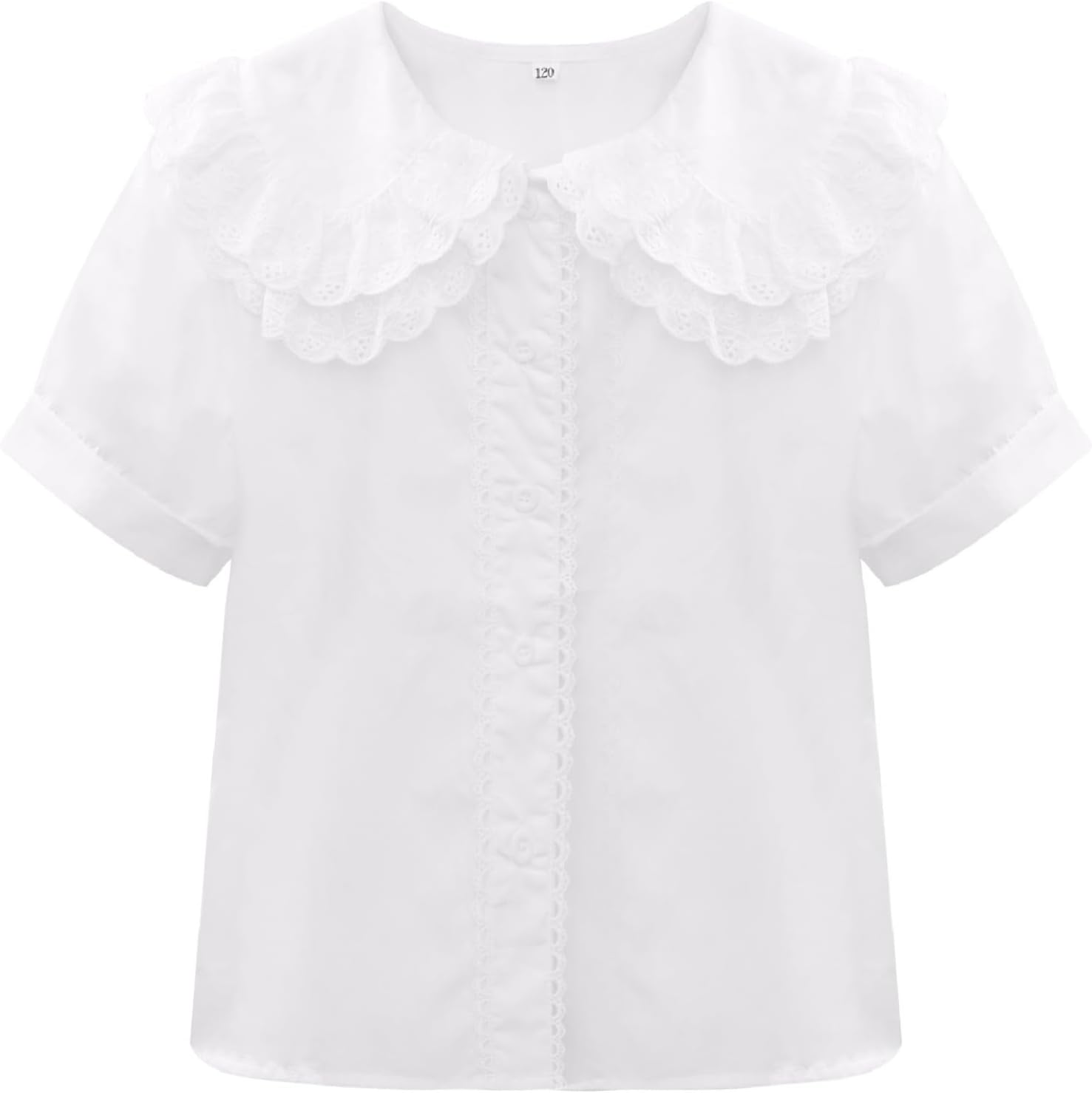 Linjinx Kids Girls Button Down Shirts School Uniform Shirts Blouse Lace Trim Cotton Casual Short Sleeve Tops