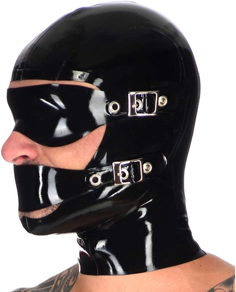 EXLATEX Latex Hood Mask with Attached Blindfold and Mouth Eclipse Hood with Zipper Latex Mask