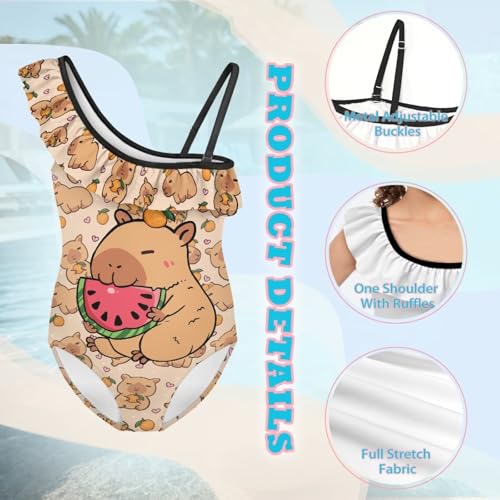Image of Ladybug Swimsuits for Girls 5-14 One Piece Bathing Suit Kids One Ruffle Shoulder Beach Sport Swimwear