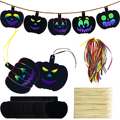 Aviski 60 Pezzi di Carta per Graffi con zucche di Halloween, Ornamenti per Halloween, Ornamenti di Halloween, Kit di Arte Artigianale con Bastone in Legno e Nastro per bomboniere di Halloween