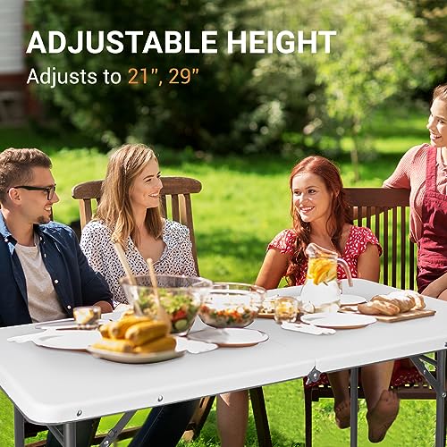 Image of Byliable Folding Table 4 Foot, Portable Plastic Card Heavy Duty Fold-in-Half Small Foldable Table, Indoor Outdoor Adjustable Height Folding with Carrying Handle for Picnic, Camping, Party, White