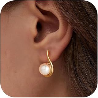 Turandoss 14K Gold Plated Hypoallergenic Pearl Stud Huggie Drop Dangle Earrings - Valentine's Day Bridesmaid Wedding Gifts for Women