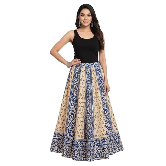 Image of HARSHITA-Enterprises Jaipuri Women's Cotton Printed Elastic Long Skirts