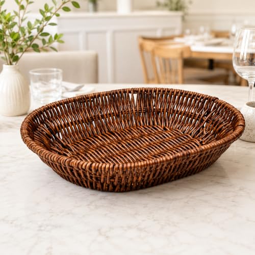 Image of Oval Bread & Roti Serving Basket | Restaurant Style Chapati & Naan Basket for Dining Table | Brown Tabletop Bread Basket for Home, Hotel & Cafe