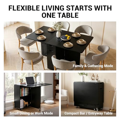 Image of Folding Dining Table with Drawer and Storage Shelves, 53 inch Space Saving Foldable Dining Table with 6 Wheels, Drop Leaf Table for Small Spaces