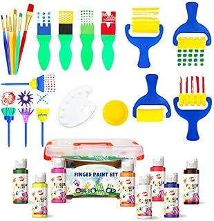 Early Learning Kids Paint Set Washable Finger Paint with Assorted Painting Brushes Sponges Portable for Kids Toddlers Drawing Gifts, Age 3+