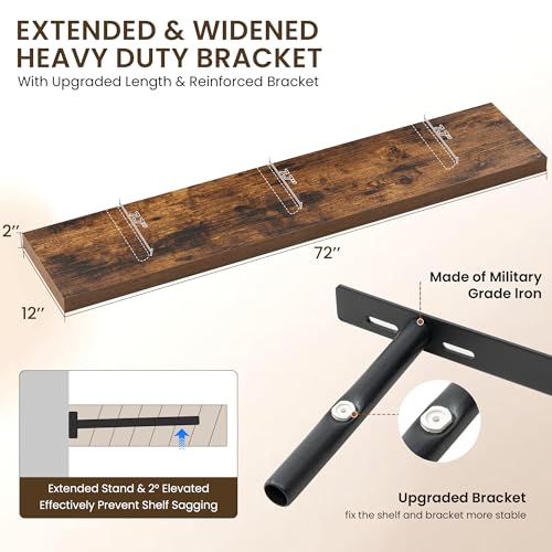 Image of Dreamland 72 inch Floating Shelves for Wall, 12 inch Deep Thicker Floating Shelves, Wall-Mounted Shelves for Bedroom, Living Room, Kitchen, Bathroom,Rustic Brown - Set of 1