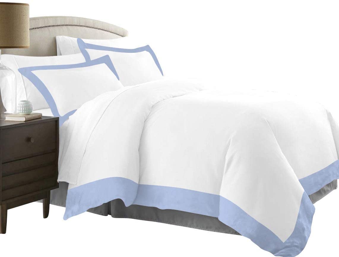 Duvet Cover Border Dual Color - 3 Piece Set with Zipper Closure - Two Tone Edge - Extra Soft & 400TC Comforter & Quilt Covers 100% Egyptian Cotton - Light Blue & Solid, King Size.