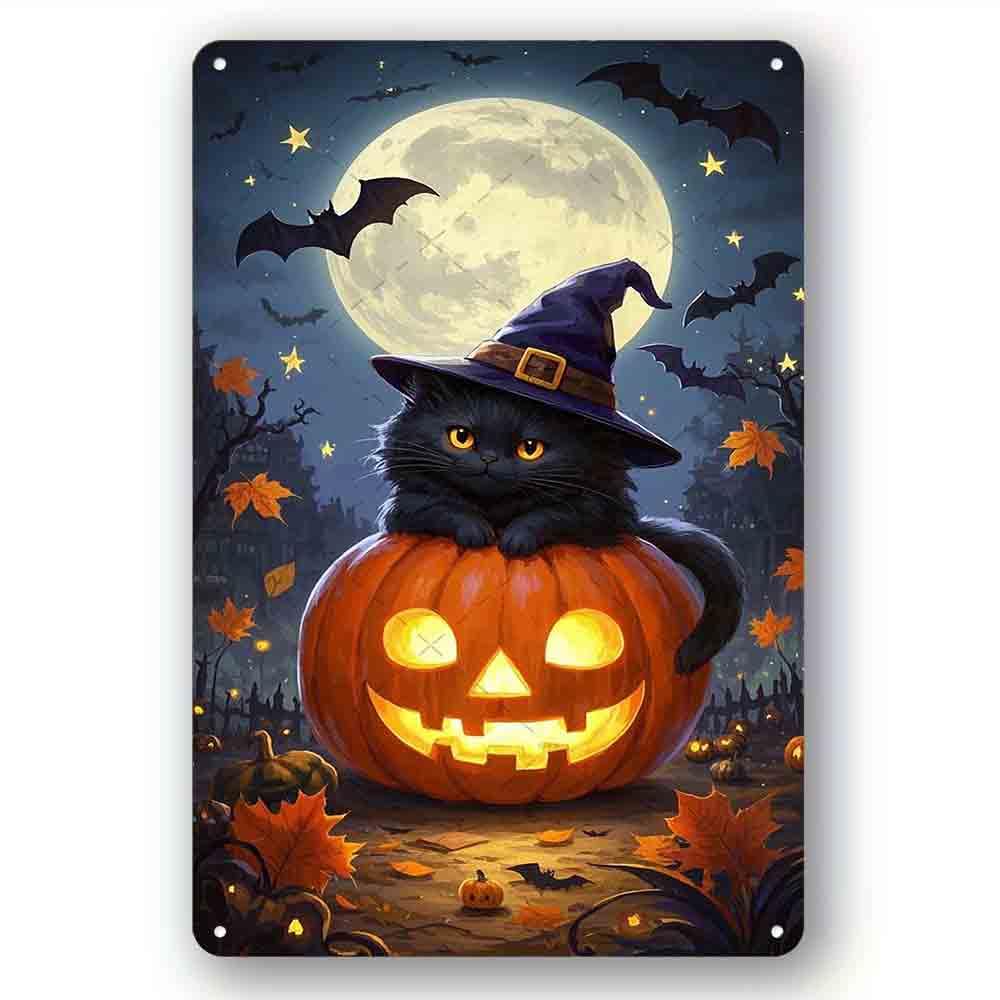 peiyeety Retro Aluminum Tin Sign Halloween Cat Pumpkin Living Room Kitchen Farm Hanging Poster Decor Rustic Home Decor 8x12 Inch