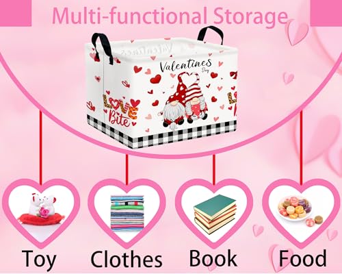 Image of Valentines Day Basket for Kids Heart Shaped Empty Storage Bins for Gifts with Handles Room Decor (Boy Girls Gnome Love)