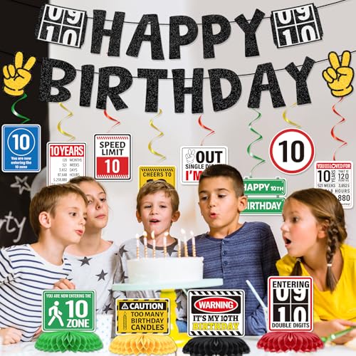 Image of 10th Birthday Decorations for Boys Girl, 14PCS 10 Year Old Happy Bday Banners with Hanging Swirls Party Decoration out Single Digits I'm 10 Honeycomb Centerpiece Decor