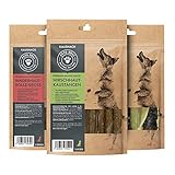 INHALT: Hirschhautkaustangen 5 St., Lachs-Rind-Roulade 2 St., Rinderhautrollen groß 2 St.