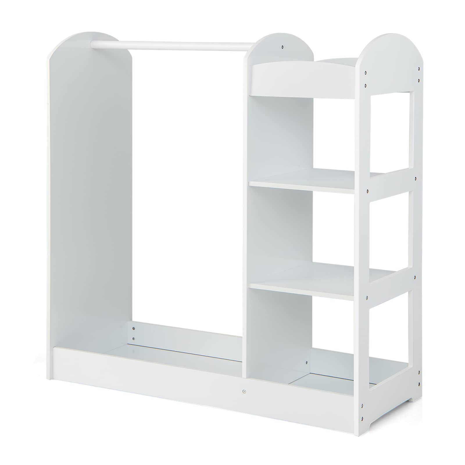 DREAMADE Kinderkleiderschrank mit Spiegel und Kleiderstange, Kinder Kleiderschrank Kinderregal mit 4 offener Ablagen, Kinder Kleiderständer für Kinderzimmer, 93,5x38x100cm (Weiß)