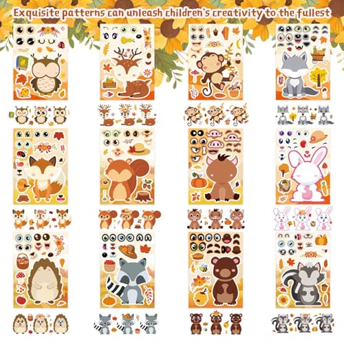 Image of 24 PCS Fall Stickers, Make-a-face Stickers,Autumn Animals Stickers for Kids | Make Your Own Animal Face Sticker Sheets, Thanksgiving Stickers for Party Favor Supplies Scrapbooking Crafts Classroom Gifts