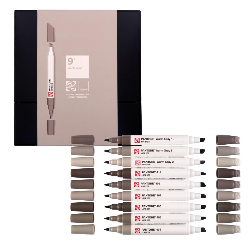 Talens | Pantone Marker Set de 9 Warm Gray | Rotulador Doble Punta con Punta de Pincel y Cincel | Tinta Pigmentada a Base de Agua en Colores Pantone