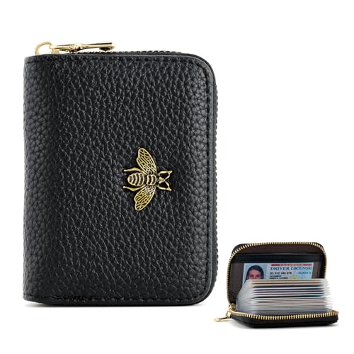 Image of WOZEAH Leather Credit Card Holder for Women Wallet RFID Blocking Zipper Wallet Card Case Business(Black)