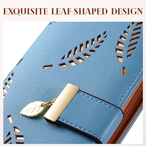 Image of Sweet Cute Chocolate Women's Long Leaf Bifold Wallet Leather Card Holder Purse Zipper Buckle Elegant Clutch Wallet Handbag for Women-Blue