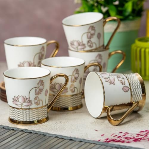 Image of Clay Craft Fine Ceramic Tea Cups Set of 6| 180 Ml Gold Print Cups with Handle | Elegant Design for Tea| Coffee| Home| Office & Gifting