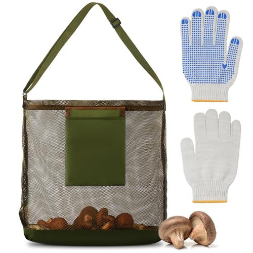 AMFUN Bolsa de Recolección de Seta Verde, Bolsa de Malla de Hongos Con Guantes para Senderismo, Acampar y Viajes