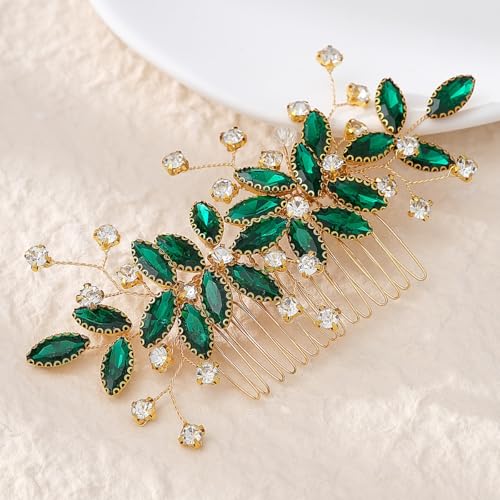 Peine para cabello boda con cristales verdes miniatura 1