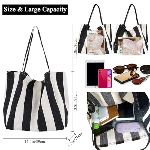 Image of Striped Canvas Tote Handbag for Women Vertical Stripe Large Capacity Shoulder Bag for Shopping Travel
