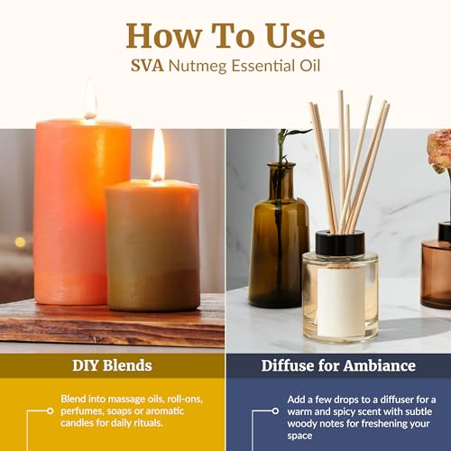 Image of SVA Nutmeg Essential Oil, Glass Bottle with Dropper, 4 Fl Oz (118 ml) | Nutmeg Essential Oil for Diffuser, Massage, Skin, Hair, Perfume Making, Soap Making, Candle Making, Fragrance & DIY Blending
