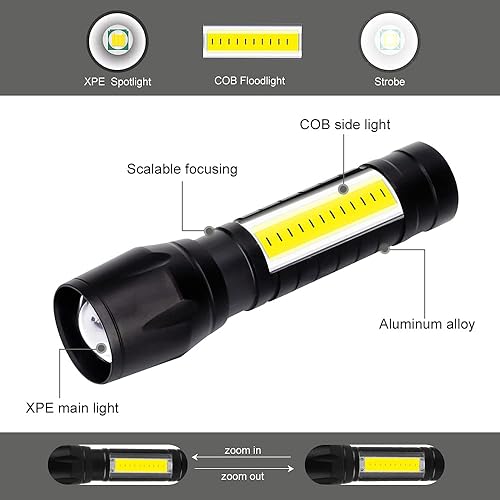 Miniatura 2 de Paquete de 2 linternas recargables USB de 3 modos, linterna LED con zoom de alto lumen con luces laterales COB, linternas portátiles de mano