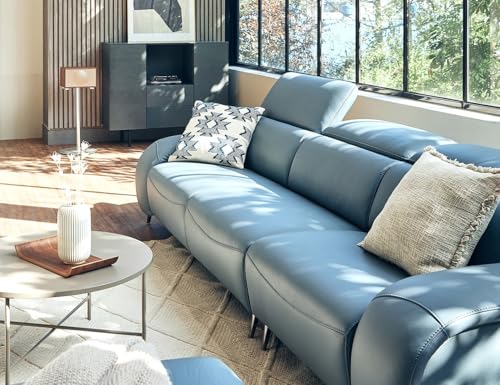 Image of Fabrique Alusia 4 Seater Blue Leatherette Sofa Set with Puffy & Movable Headrest | Modern Comfortable Design for Living Room & Office | Easy to Move | Stainless Steel Legs