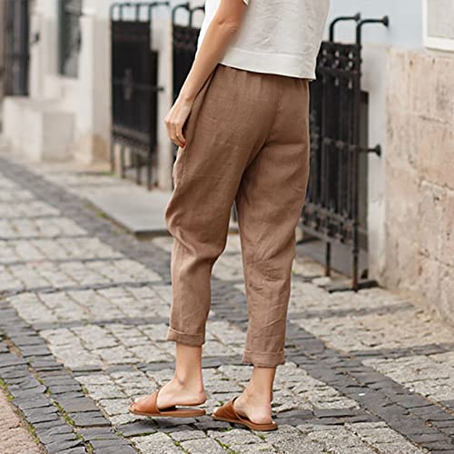 Dawwoti Calça feminina casual de linho, calça de algodão macia com cintura elástica com bolsos, calç