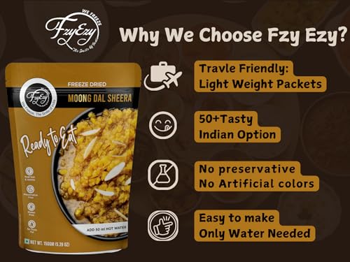 Image of FzyEzy Freeze-Dried Moong Dal Sheera | Instant Gourmet Delight Traditional Indian Dessert | Ready-to-Eat | Instant Meal | Indian Cuisine | Delicious & Convenient Snack or Dessert | 150gm