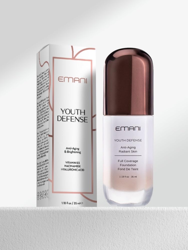 Emani Youth Defense Foundation with Hyaluronic Acid - Anti-Aging, Full Coverage - Protects Face and Brightens Skin Discoloration, Light