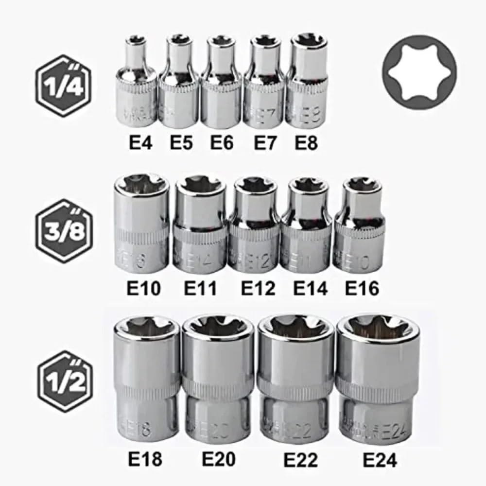 Zestaw nasadek gwiazdowych E-Torx z obudową Napęd 1/4, 3/8, 1/2 cala zewnętrznych E4-E24 Zestaw przedłużek(1-4 5PCS)