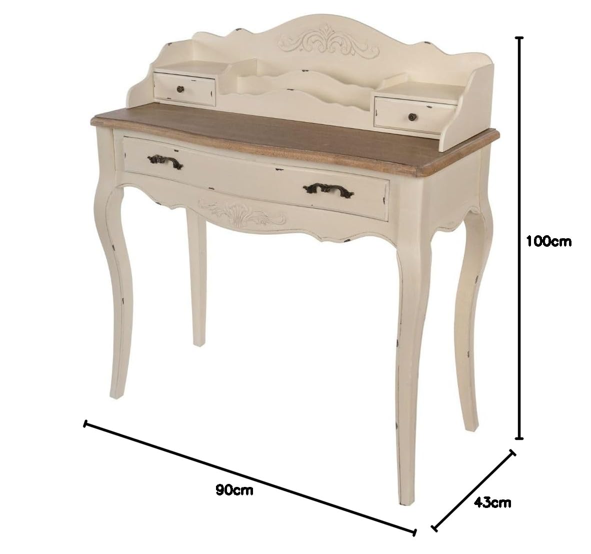 Romantischer Schreibtisch Versailles 90cm antik-Weiss braun Sekretär Shabby-Chic Schubladen Bicolor