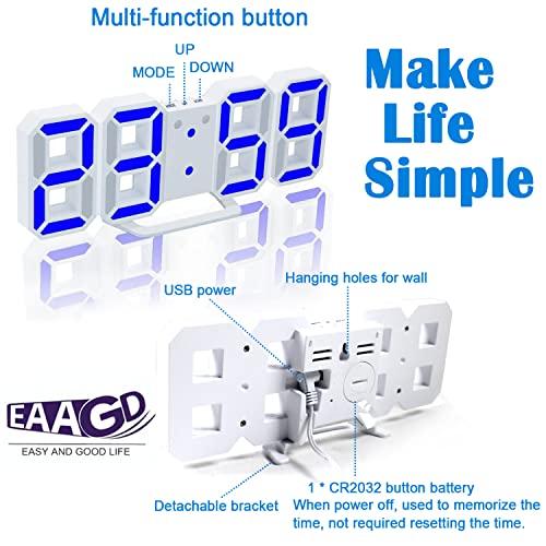 Eaagd Digital Alarm Clock, 3D Led Electronic Clocks, Snooze Model, 3 Adjustable Brightness, Wall Clock For Office Table Bedroom Nightstand (White/Blue) #TOP5