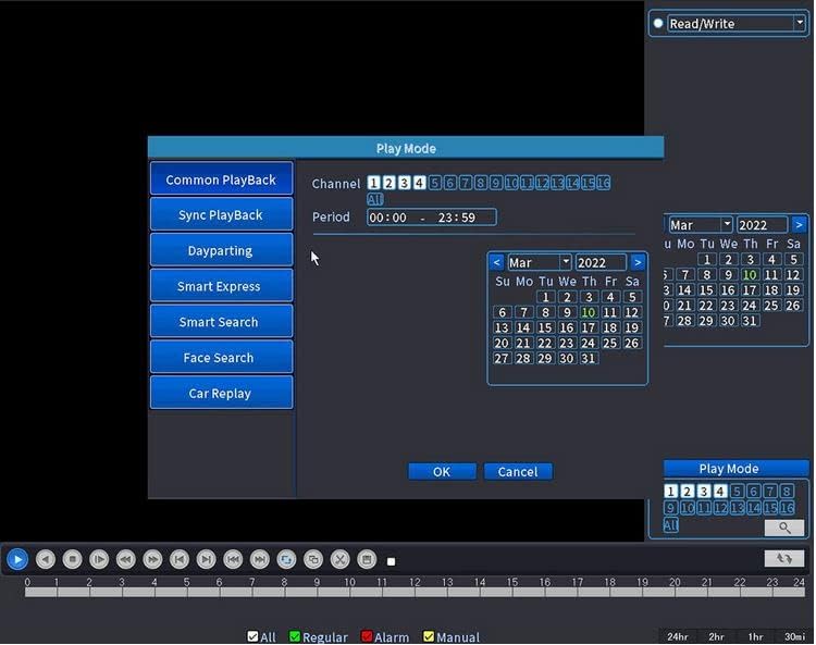 DVR interface showing the playback mode with a calendar for selecting dates and channels for review