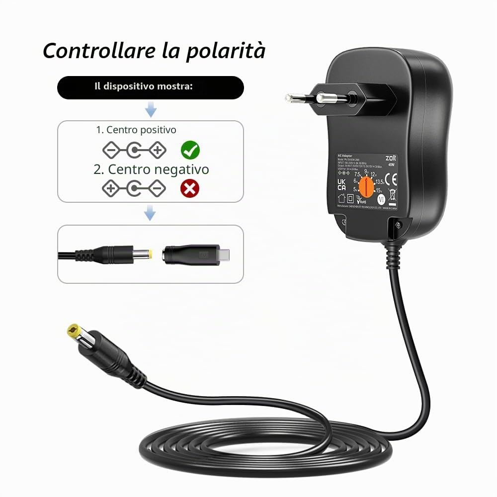 Zolt 45 W Adattatore CA a DC Multi-Tensione 5V-15V 3A con Porta USB 5V 2A 3000 mA