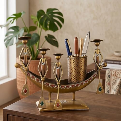Image of Antique Metal Boat Pen Stand, Copper Gold 4-Man Rowing Showpiece Table Decor Item for Office Desk, Corporate Bulk Gifting and Study Room Decoration (Pack of 1)