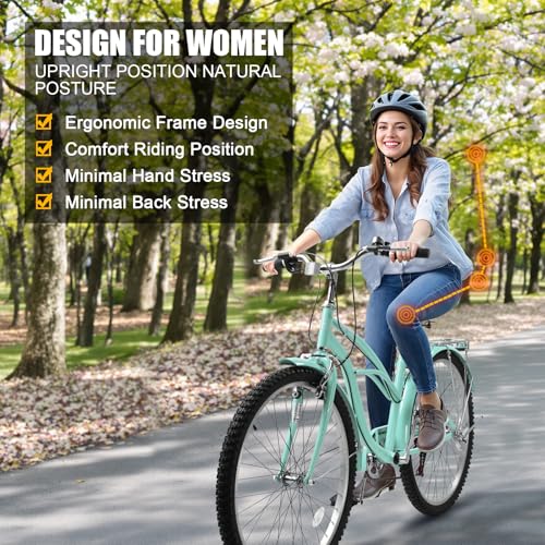 Women Bike, 26 Inch Beach Cruiser Bike, 7 Speed Commuter