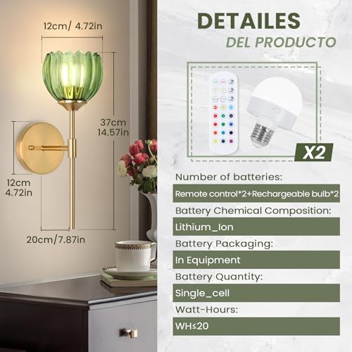 Image of Vintage Battery Operated Wall Sconce Set of Two,Rechargeable Wall Lights with RGB Dimmable Detachable Bulbs and Remote,12 Colors Wireless Wall Lamps for Bedroom Living Room Hallway (Green)