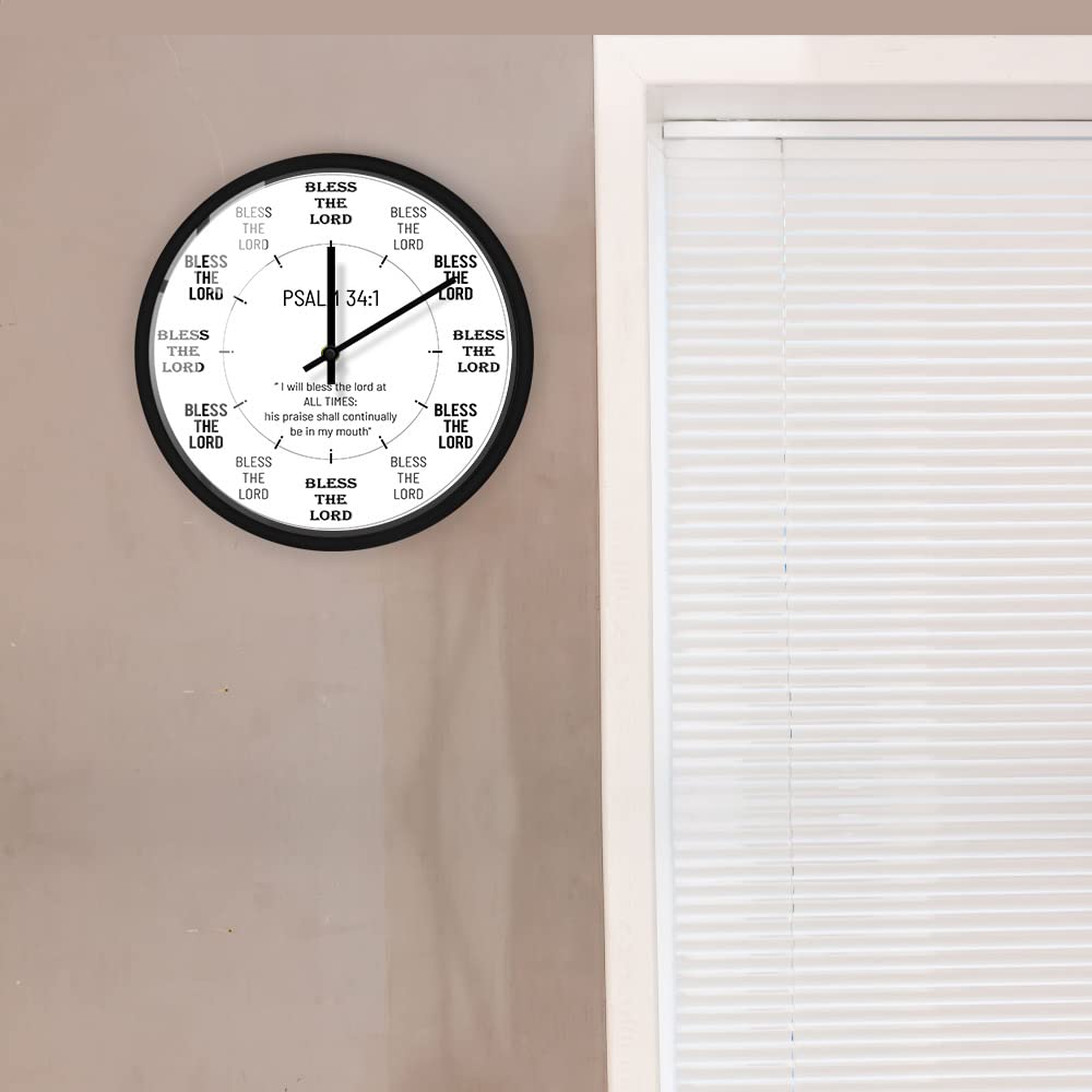 Reloj de pared de metal Salmo 34:2 de 30.5 cm, con versículo bíblico, cita de meditación, cuarzo silencioso, sin tictac, funciona con pilas, para regalos cristianos, dormitorio, sala de
