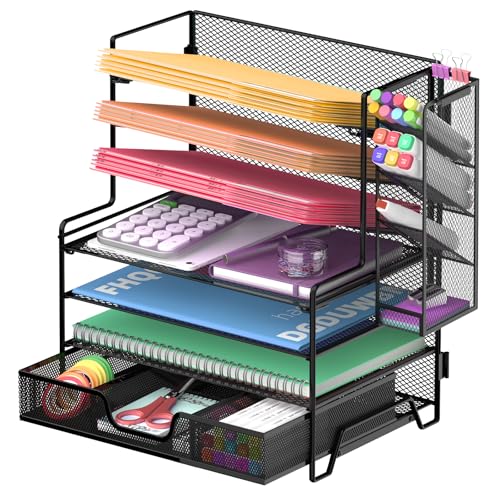 ReePlan 4 Tier Desk Organizer + 3 Tier File Holder + 4 Pen Holders + Drawer, 7 Tier Desk File Organizers, Desk Organizers and Accessories for Office Home School, Black
