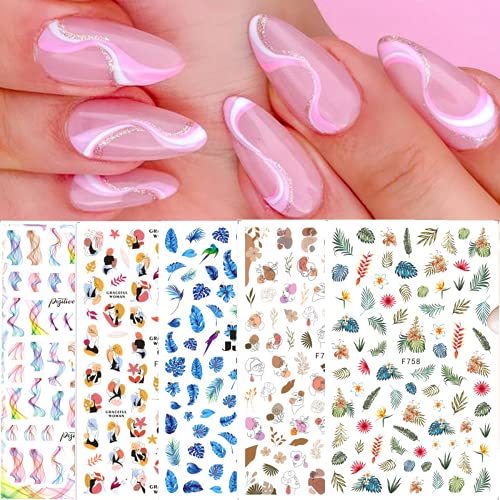5 Sheets Abstract Line Nail Art Stickers Decals Jungle with Leaves Graffiti Nail Decals 3D Self-Adhesive Design Manicure DIY Nail Decoration Supplies for Fake Acrylic Nails for Women Girls Kids