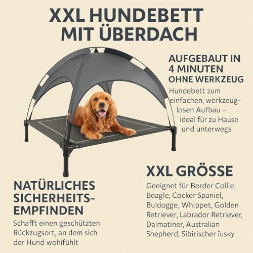 Purlov Hundeliege Outdoor mit Dach XXL - Hundebett Outdoor mit UV-Schutz, wasserfester Matte & Tragetasche – ideal für Garten, Balkon, Camping & Strand 25428